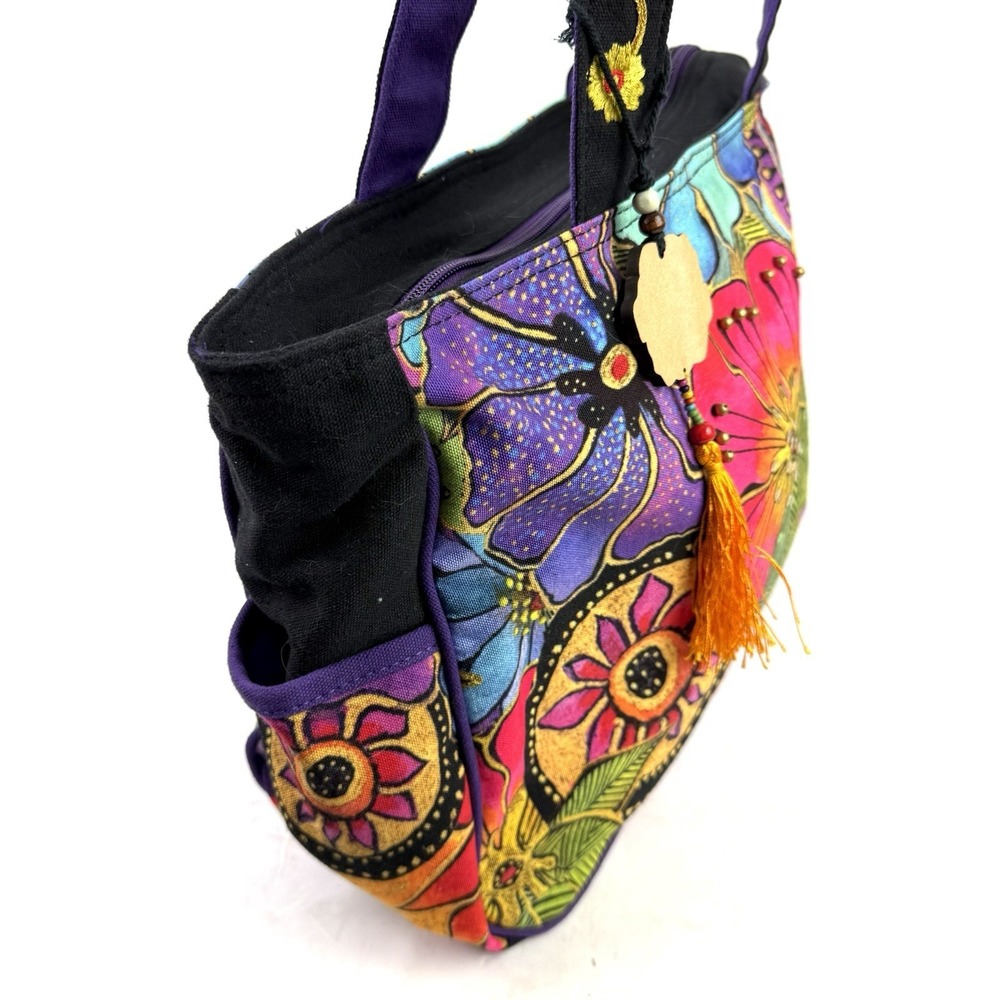 Laurel Burch Handbag Floral Canvas Colorful Boho Beaded Travel Shoulder Bag - Picture 4 of 16